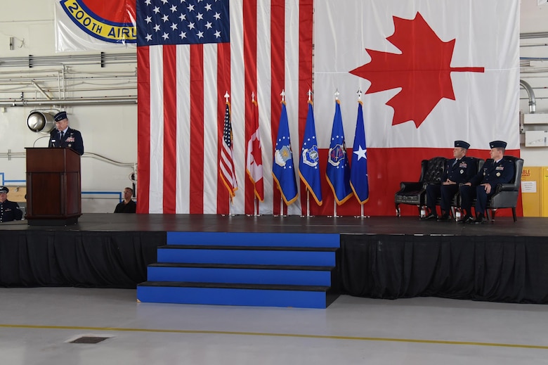 PETERSON AIR FORCE BASE, Colo. - Lt. Gen. David J. Buck, 14th Air Force and Joint Functional Component Command for Space commander, speaks to Airmen at the 21st Space Wing change of command ceremony in hangar 140 at Peterson Air Force Base, Colo., July 11, 2017. Col. Doug Schiess passed command of the wing to Col. Todd Moore, former Air Force Element commander at Royal Air Force Menwith Hill. (U.S. Air Force photo by Robb Lingley)