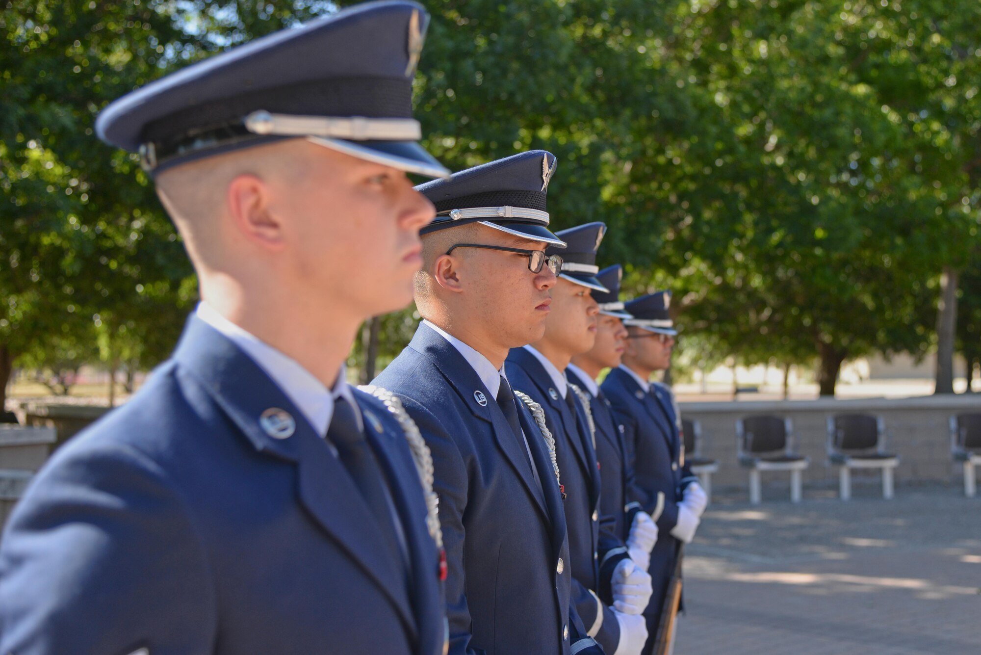 Members of Laughlin’s honor guard stand at ease during a mock funeral at Laughlin Air Force Base, Tx., July 10, 2017.  The graduates’ completed a 40 hour intensive training in preparation for their year-long commitment to the program. (U.S. Air Force/photo Airman 1st Class Daniel Hambor) 