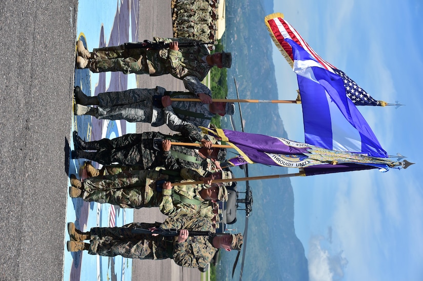 The color guard stands in formation during the Joint Task Force-Bravo Change of Command ceremony July 10, 2017 at Soto Cano Air Base, Honduras where U.S. Army Col. Keith McKinley assumed command of the Task Force. 