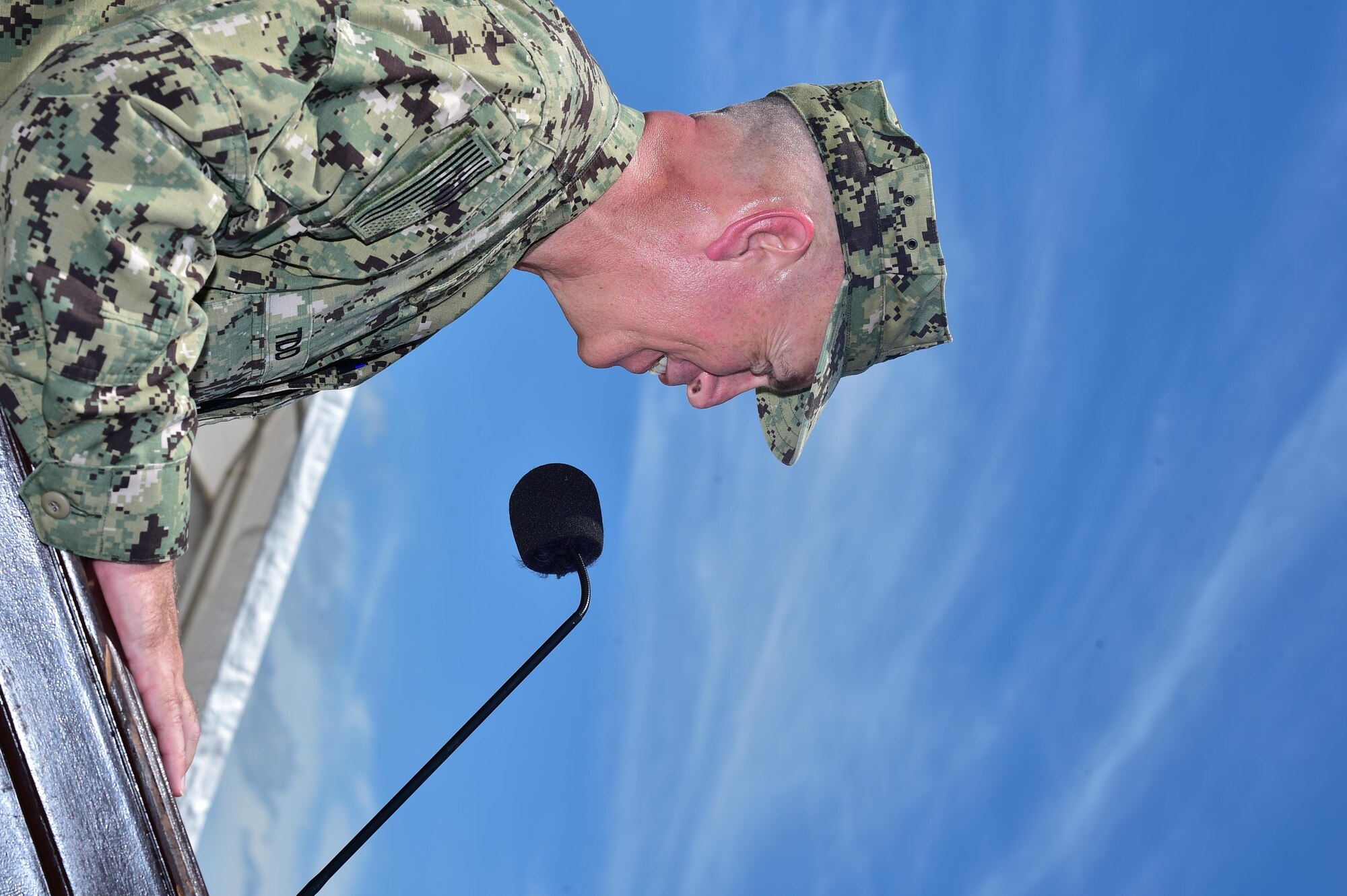 Asmiral Kurt Tidd, U.S. Southern Command commander gives opening remarks during the Joint Task Force-Bravo Change of Command Ceremony where Col. Keith McKinley assumed command. Distinguished guests joined the Soldiers, Airmen and Marines to witness the passing of the colors from Col. Brian Hughes to Col. McKinley as he relinquished command of the Task Force.