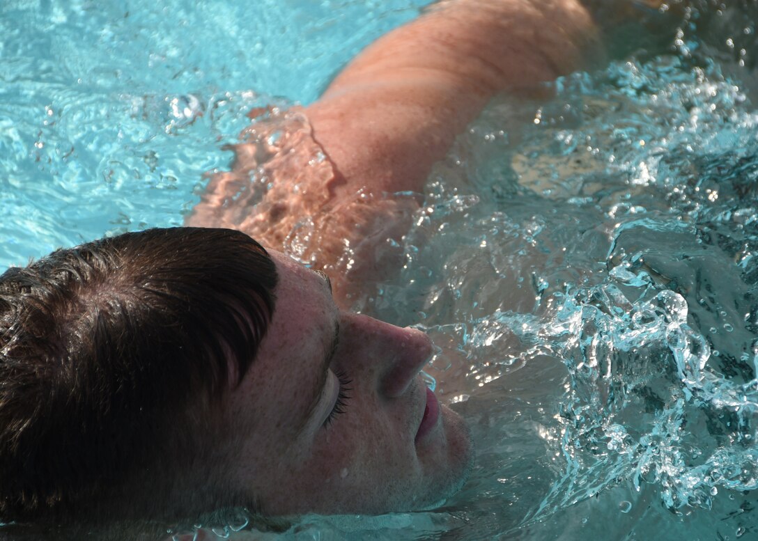 A U.S. Naval Sea Cadet Corps cadet performs the sidestroke during the swimming portion of a physical readiness test at Tyndall Air Force Base, Fla., June 25, 2017. The USNSCC is a Department of the Navy program that is designed to show young adults what the maritime services has to offer. (U.S. Air Force photo by Airman 1st Class Isaiah J. Soliz/Released)