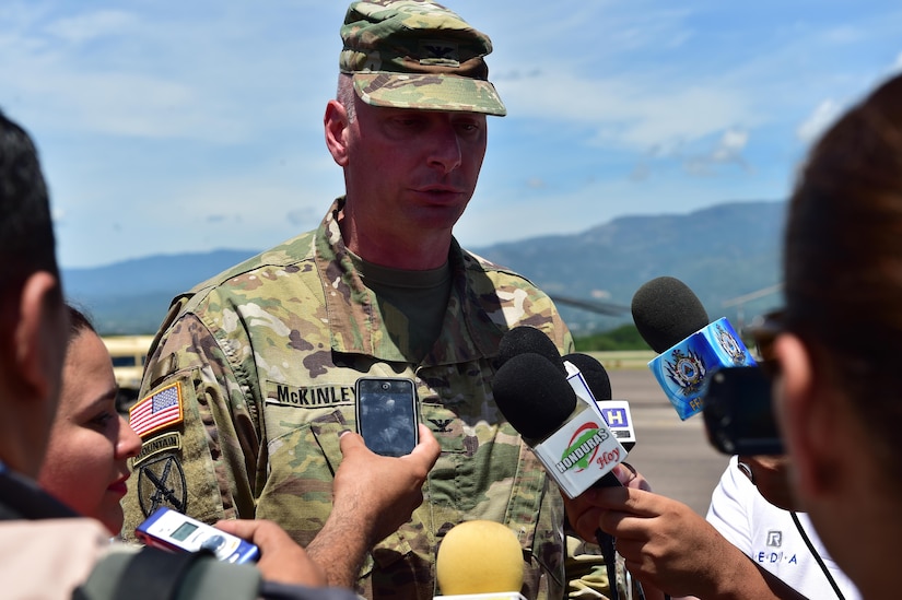 U.S. Army Col. Keith McKinley gives a press conference after the Change of Command ceremony at Soto Cano Air Base, Honduras. Col. McKinley assumed command of Joint Task Force-Bravo July 10, 2017 .  