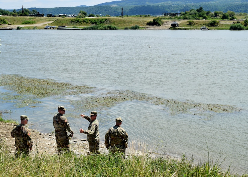 Soldiers of the Georgia Army National Guard’s 648th Maneuver Enhancement Brigade reconnoiter possible bridging sites on the Olt River in preparation for Exercise Saber Guardian 17 on July 7, 2017.