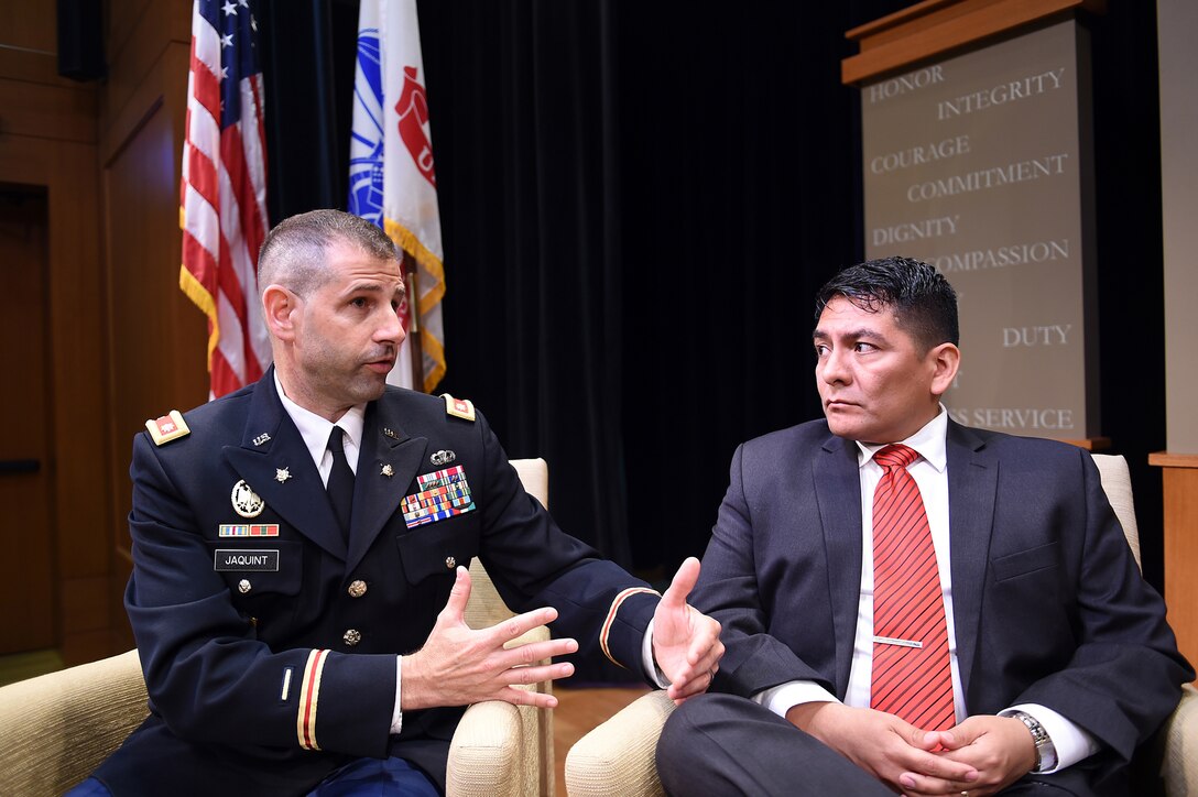 U.S. Army Reserve Lt. Col. Daniel Jaquint, left, Chief of Staff, 85th Support Command, and Mr. Anthony Taylor, Public Affairs Specialist, 85th Support Command, participate in a live interview taping at the Pritzker Military Museum & Library in Chicago, June 5, 2017. Jaquint and Taylor spoke on the history of the 85th Support Command dating back to World War I. The 85th Support Command’s lineage began when they were formed as the 85th Infantry Division at Camp Custer, Michigan, where the division was nicknamed the “Custer Division,” on Aug. 5, 1917. The Division was deactivated in 1945 following World War II, then later reactivated in Chicago on February 19, 1947 into the U.S. Army Reserve as a training division. The 85th Spt. Cmd. is celebrating its centennial anniversary this year.
(U.S. Army Photo by Sgt. Aaron Berogan/Released)