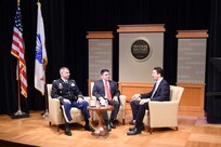 U.S. Army Reserve Lt. Col. Daniel Jaquint, left, Chief of Staff, 85th Support Command and Mr. Anthony Taylor, center, Public Affairs Specialist, 85th Support Command, take part in a live interview taping discussing the 100-year anniversary of the 85th Support Command at the Pritzker Military Museum & Library in Chicago, June 5, 2017. The interview focused on the 85th Support Command’s 100-year history dating back to World War I, when it was activated as an active Army component. It also included a discussion on the 85th Spt. Cmd.’s current role as a reserve component. During the interview Jaquint and Taylor spoke on the importance of the Army Reserve in today’s climate. Jaquint emphasized that with some of the actions seen making headlines today, the 85th Support Command has a vital role, partnered with First Army, to ensure the readiness and training of Soldiers ahead of mobilizations and deployments to meet the operational needs of the Army and the Joint Warfighter.
(U.S. Army Photo by Sgt. Aaron Berogan/Released)