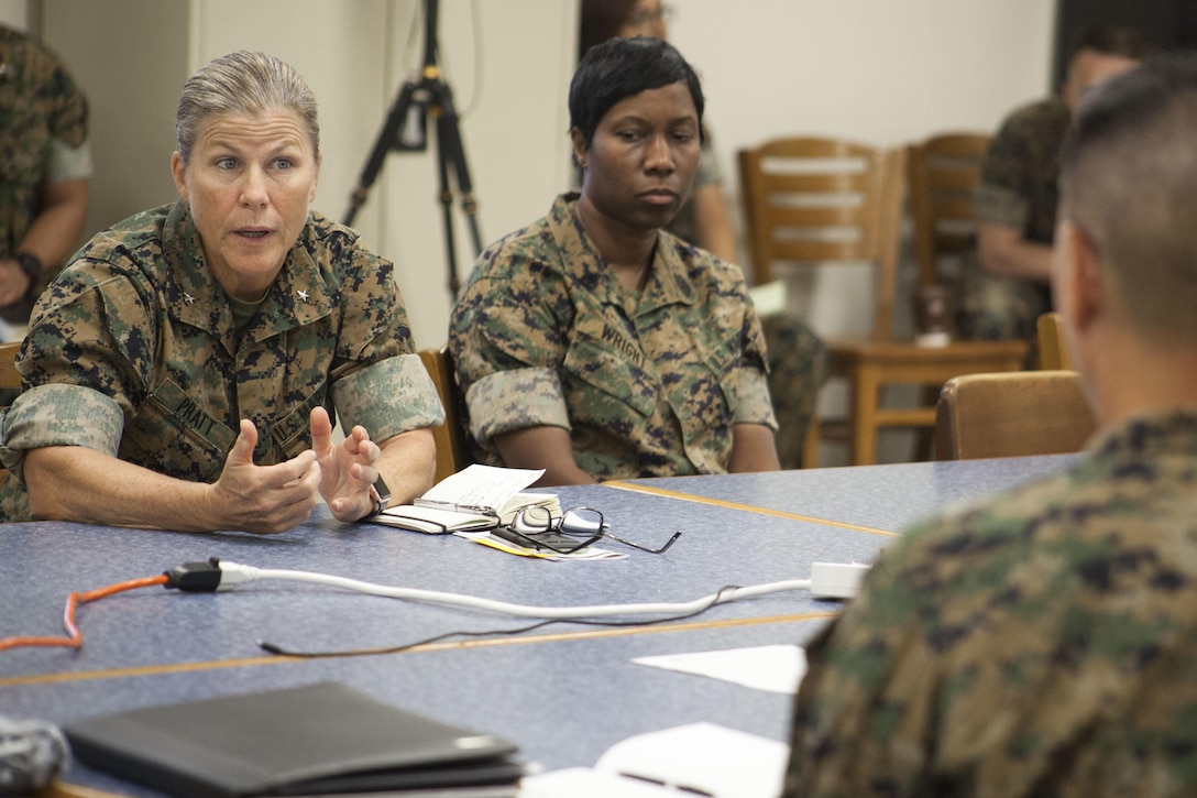 RESERVE, La. – Brig. Gen. Helen G. Pratt (left), the commanding general of 4th Marine Logistics Group, Marine Forces Reserve, and Sgt. Maj. Lanette N. Wright (right), the sergeant major of 4th MLG, MARFORRES, discuss operations for the 2017 Louisiana Care Innovative Readiness project at East Saint John High School in Reserve, Louisiana on July 10, 2017. The Louisiana Care IRT event is a joint service medical mission that provides service members the opportunity to increase public awareness and understanding of the Marine Corps and Navy while increasing overall training and readiness. (Photo by U.S. Marine Lance Cpl. Ricardo Davila/Released.)