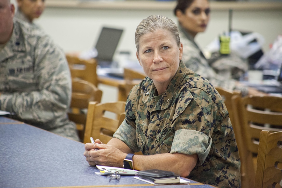 Brig. Gen. Helen G. Pratt, the commanding general of 4th Marine Logistics Group, Marine Forces Reserve, attends a briefing at East Saint John High School in Reserve, Louisiana on July 10, 2017. The Louisiana Care Innovative Readiness Training event is a joint-service medical mission that provides the military with “hands-on” readiness training opportunities, while at the same time providing direct and lasting benefits to the residents of Louisiana. (Photo by U.S. Marine Lance Cpl. Ricardo Davila/Released.)