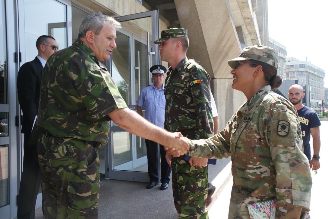 Soldiers of 457th Civil Affairs Battalion, 361st Civil Affairs Brigade, meet with the prefect of Ploiești, Romania; July 11, 2017; to prepare for a 2nd Calvary Regiment static display the next day during exercise Saber Guardian (U.S. Army photo by Capt. Jeku Arce, 221st Public Affairs Detachment).