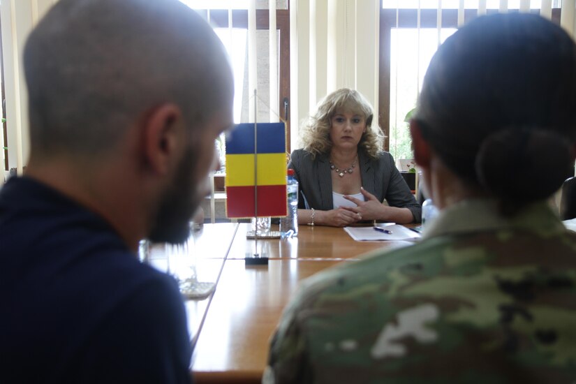 Soldiers of 457th Civil Affairs Battalion, 361st Civil Affairs Brigade, meet with the prefect of Ploiești, Romania; July 11, 2017; to prepare for a 2nd Calvary Regiment static display the next day during exercise Saber Guardian (U.S. Army photo by Capt. Jeku Arce, 221st Public Affairs Detachment).