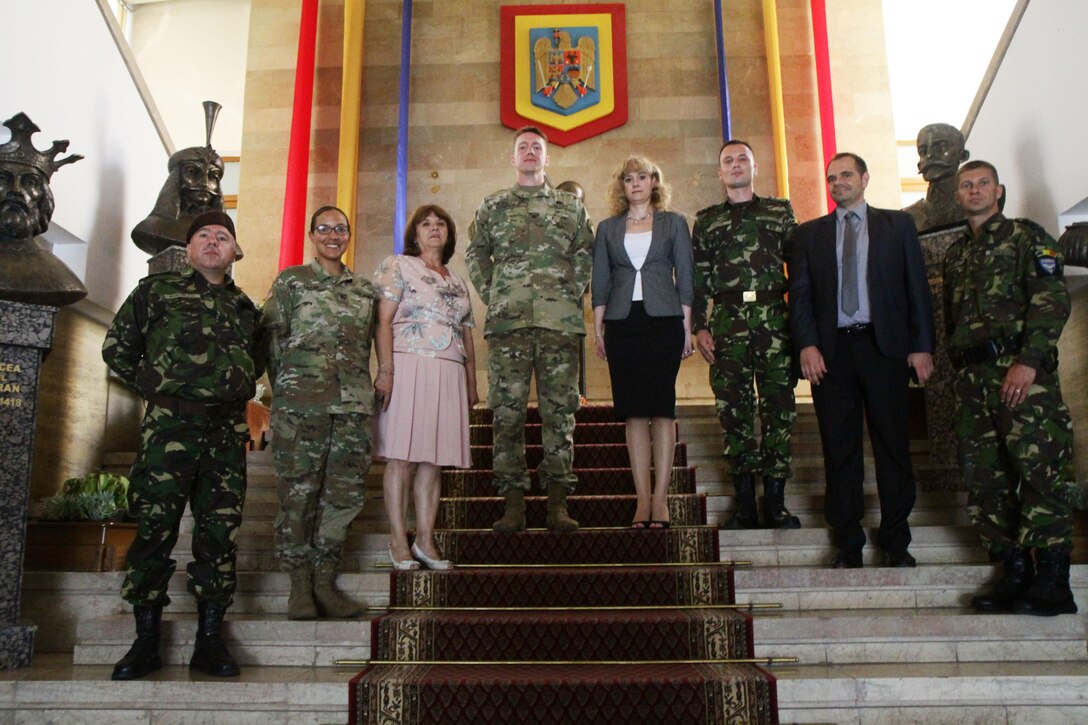 Soldiers of 457th Civil Affairs Battalion, 361st Civil Affairs Brigade, meet with the prefect of Ploiești, Romania; July 11, 2017; to prepare for a 2nd Calvary Regiment static display the next day during exercise Saber Guardian (U.S. Army photo by Capt. Jeku Arce, 221st Public Affairs Detachment).