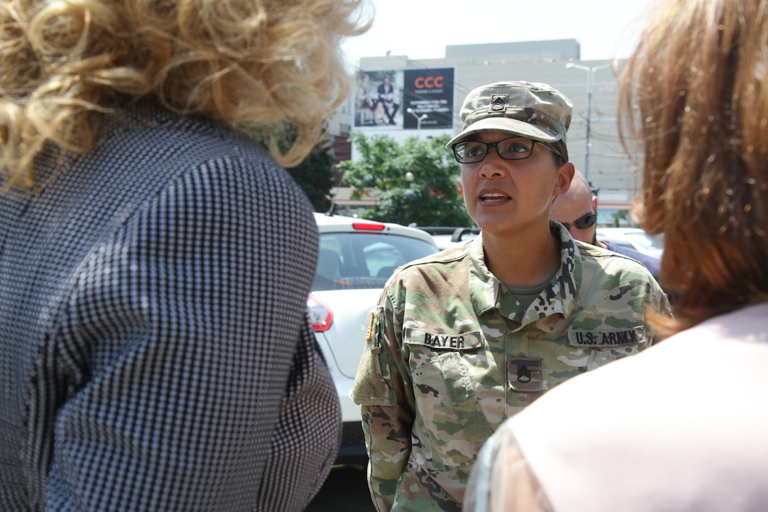 Soldiers of 457th Civil Affairs Battalion, 361st Civil Affairs Brigade, meet with the prefect of Ploiești, Romania; July 11, 2017; to prepare for a 2nd Calvary Regiment static display the next day during exercise Saber Guardian (U.S. Army photo by Capt. Jeku Arce, 221st Public Affairs Detachment).