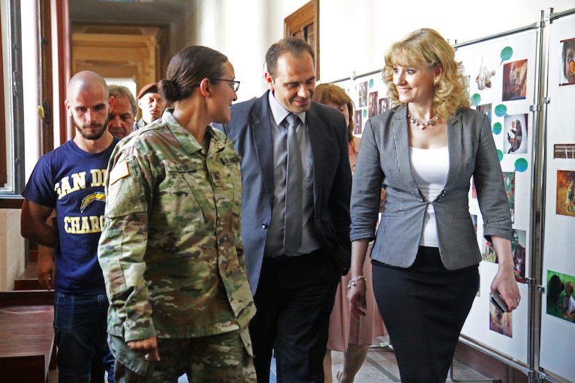 Soldiers of 457th Civil Affairs Battalion, 361st Civil Affairs Brigade, meet with the prefect of Ploiești, Romania; July 11, 2017; to prepare for a 2nd Calvary Regiment static display the next day during exercise Saber Guardian (U.S. Army photo by Capt. Jeku Arce, 221st Public Affairs Detachment).