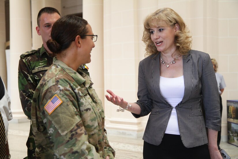 Soldiers of 457th Civil Affairs Battalion, 361st Civil Affairs Brigade, meet with the prefect of Ploiești, Romania; July 11, 2017; to prepare for a 2nd Calvary Regiment static display the next day during exercise Saber Guardian (U.S. Army photo by Capt. Jeku Arce, 221st Public Affairs Detachment).