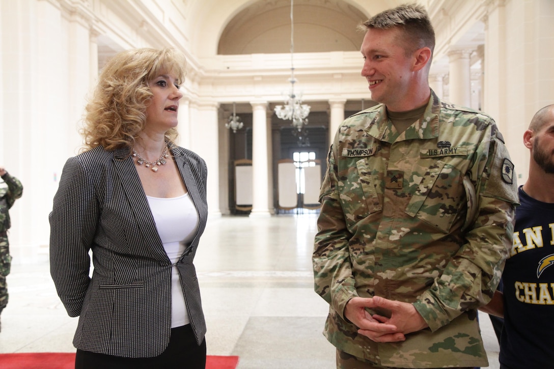 Soldiers of 457th Civil Affairs Battalion, 361st Civil Affairs Brigade, meet with the prefect of Ploiești, Romania; July 11, 2017; to prepare for a 2nd Calvary Regiment static display the next day during exercise Saber Guardian (U.S. Army photo by Capt. Jeku Arce, 221st Public Affairs Detachment).