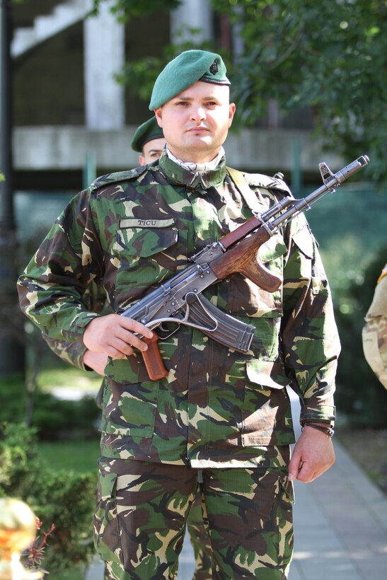 U.S. Army Reserve civil affairs soldiers with the 457th Civil Affairs Battalion, 361st Civil Affairs Brigade, host a wreath laying ceremony with 2nd Calvary Regiment and the Romanian Army to honor fallen soldiers during World War II in Romania in Sinaia, Romania during exercise Saber Guardian, July 11, 2017 (U.S. Army photo by Capt. Jeku Arce, 221st Public Affairs Detachment).