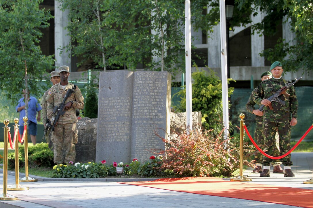 U.S. Army Reserve civil affairs soldiers with the 457th Civil Affairs Battalion, 361st Civil Affairs Brigade, host a wreath laying ceremony with 2nd Calvary Regiment and the Romanian Army to honor fallen soldiers during World War II in Romania in Sinaia, Romania during exercise Saber Guardian, July 11, 2017 (U.S. Army photo by Capt. Jeku Arce, 221st Public Affairs Detachment).
