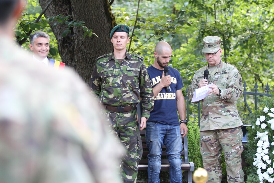 U.S. Army Reserve civil affairs soldiers with the 457th Civil Affairs Battalion, 361st Civil Affairs Brigade, host a wreath laying ceremony with 2nd Calvary Regiment and the Romanian Army to honor fallen soldiers during World War II in Romania in Sinaia, Romania during exercise Saber Guardian, July 11, 2017 (U.S. Army photo by Capt. Jeku Arce, 221st Public Affairs Detachment).