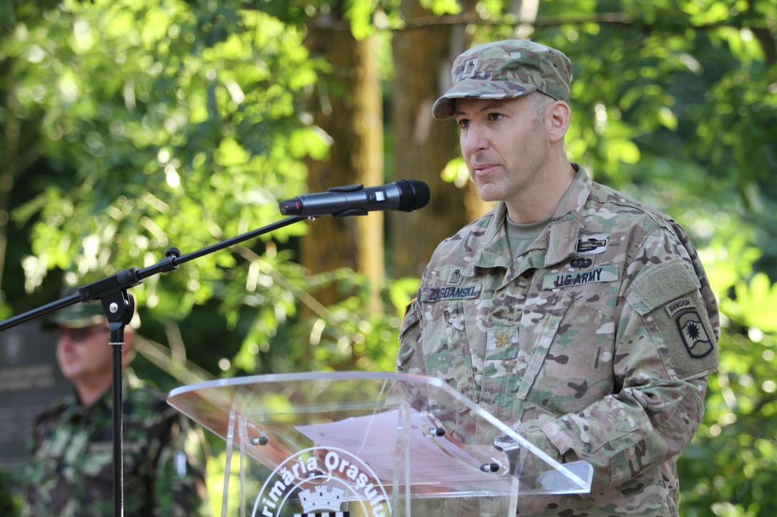 U.S. Army Reserve civil affairs soldiers with the 457th Civil Affairs Battalion, 361st Civil Affairs Brigade, host a wreath laying ceremony with 2nd Calvary Regiment and the Romanian Army to honor fallen soldiers during World War II in Romania in Sinaia, Romania during exercise Saber Guardian, July 11, 2017 (U.S. Army photo by Capt. Jeku Arce, 221st Public Affairs Detachment).