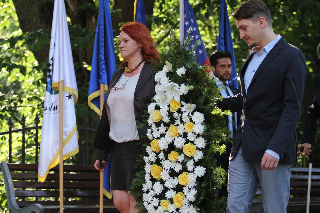 U.S. Army Reserve civil affairs soldiers with the 457th Civil Affairs Battalion, 361st Civil Affairs Brigade, host a wreath laying ceremony with 2nd Calvary Regiment and the Romanian Army to honor fallen soldiers during World War II in Romania in Sinaia, Romania during exercise Saber Guardian, July 11, 2017 (U.S. Army photo by Capt. Jeku Arce, 221st Public Affairs Detachment).