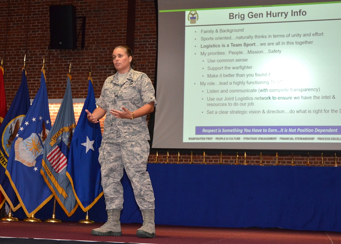 Defense Logistics Agency Aviation Commander Air Force Brig. Gen. Linda Hurry shares her background, vision and leadership philosophy with the DLA Aviation workforce at her first town hall in the Frank B. Lotts Conference Center June 29, 2017 on Defense Supply Center Richmond, Virginia.