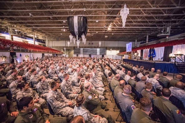 U.S. Airmen with the 139th Airlift Wing, Missouri Air National Guard listen as Lt. Gen. Scott Rice, director of the Air National Guard, and Chief Master Sgt. Ronald Anderson, command chief master sergeant of the Air National Guard, address Airmen at the St. Joseph Civic Arena, St. Joseph, Mo., July 8, 2017. Lt. Gen. Rice and Chief Master Sgt. Anderson, were in the process of visiting units across Missouri. While in St. Joseph, they toured Rosecrans Air National Guard Base, met with commanders and spent time talking with Airmen around the base. (Air National Guard photo by Staff Sgt. Patrick Evenson)