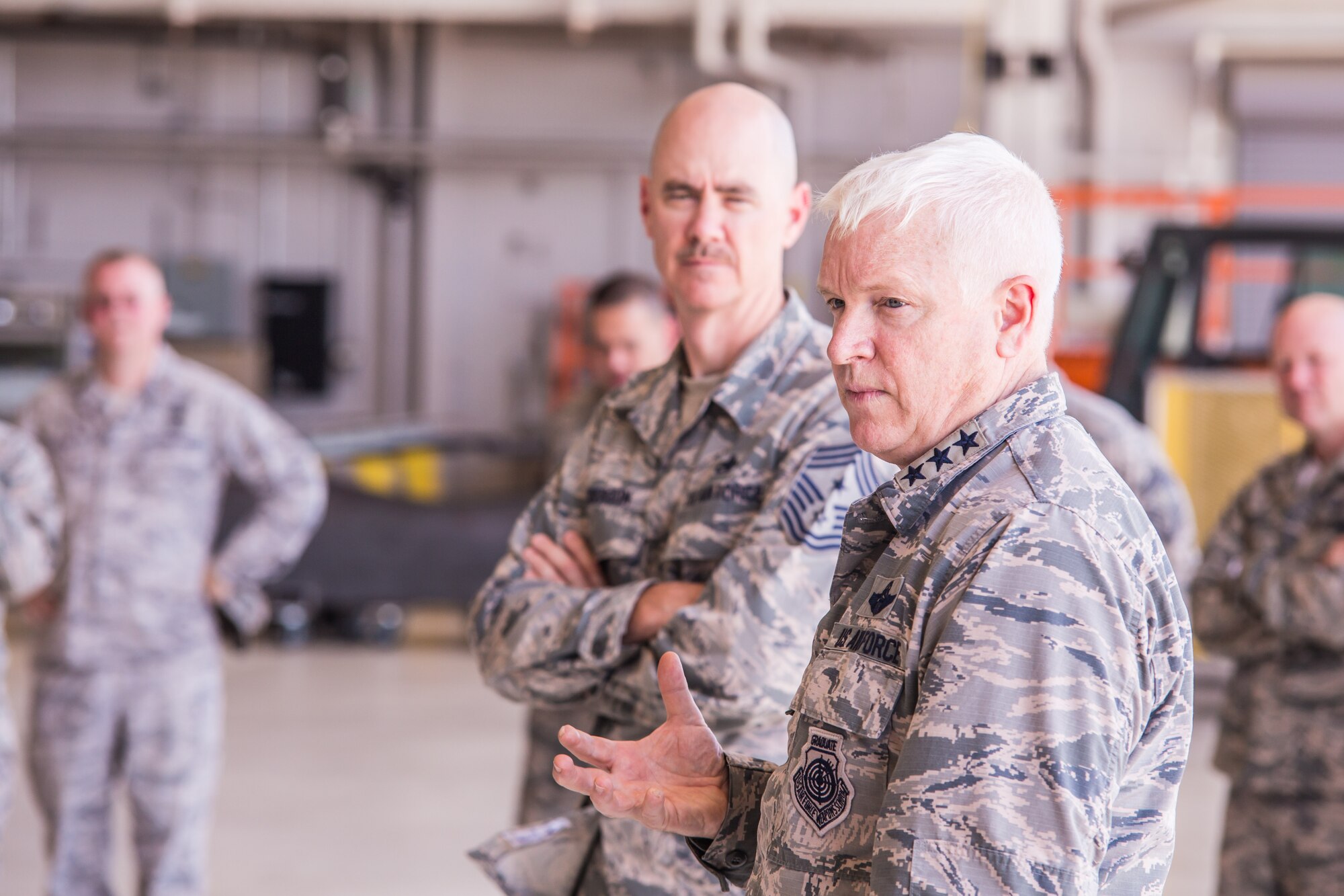 U.S. Air Force Lt. Gen. Scott Rice (front), director of the Air National Guard, and Chief Master Sgt. Ronald Anderson, command chief master sergeant of the Air National Guard, conduct a question and answer session with Airmen, during a tour of Rosecrans Air National Guard Base, while visiting the 139th Airlift Wing, Missouri Air National Guard, in St. Joseph, Mo., July 8, 2017. Lt. Gen. Rice and Chief Master Sgt. Anderson, were in the process of visiting units across Missouri. While in St. Joseph, they met with senior leadership and spent time talking with Airmen around the base. (Air National Guard photo by Staff Sgt. Patrick Evenson)