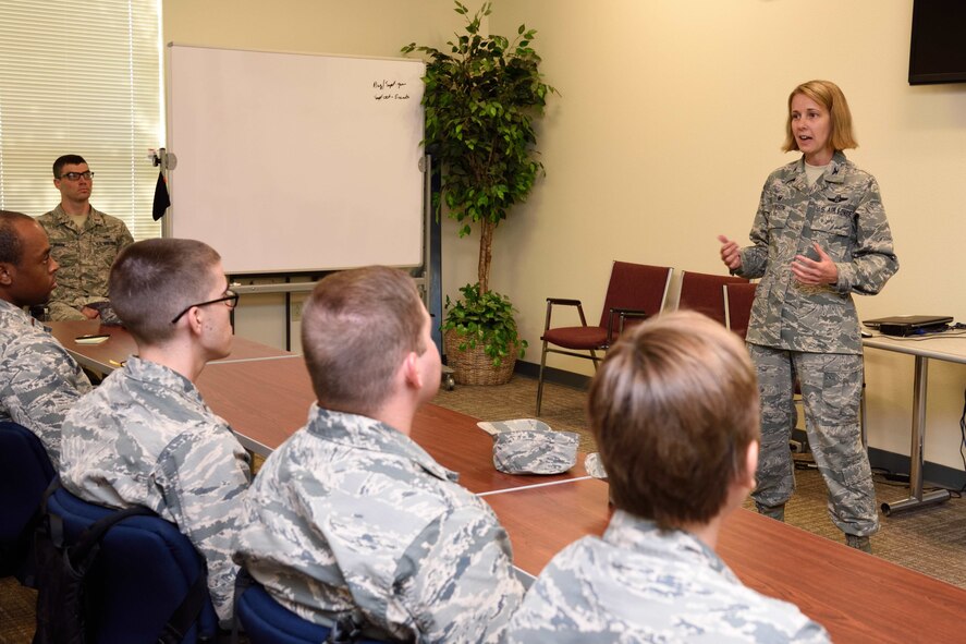 Col. Jennie Johnson, 403rd Wing commander, addresses a group of Air Force chaplain candidates during their tour of the 403rd Wing at Keesler Air Force Base, Mississippi, July 8, 2017. The candidates visited with several Air Force wings to get a better feel for how they support the Air Force mission and to meet with the Airmen that could interact with during their careers as chaplains. (U.S. Air Force photo/Tech. Sgt. Ryan Labadens)