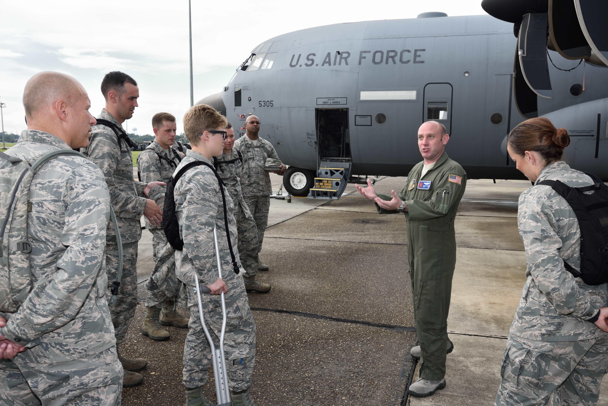 Tech. Sgt. Zachary Zeiman, a weather reconnaissance loadmaster with the 53rd Weather Reconnaissance Squadron “Hurricane Hunters”, addresses a group of chaplain candidates during their tour of the 403rd Wing at Keesler Air Force Base, Mississippi, July 8, 2017. The candidates visited with several Air Force wings to get a better feel for how they support the Air Force mission and to meet with the Airmen that could interact with during their careers as chaplains. (U.S. Air Force photo/Tech. Sgt. Ryan Labadens)
