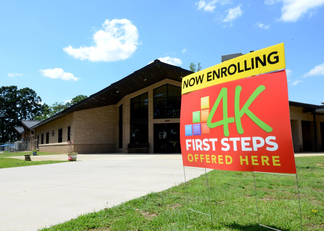 The 20th Force Support Squadron Child Development Center advertises that it is now accepting applications for the S.C. First Steps 4-year-old kindergarten program, June 28, 2017, at Shaw Air Force Base, S.C. The 20th Fighter Wing joins 64 South Carolina school districts as the first military installation in the state to offer the program, which provides educational readiness to 4-year-olds. (U.S. Air Force photo by Tech. Sgt. Laura L.V. Claypool)
