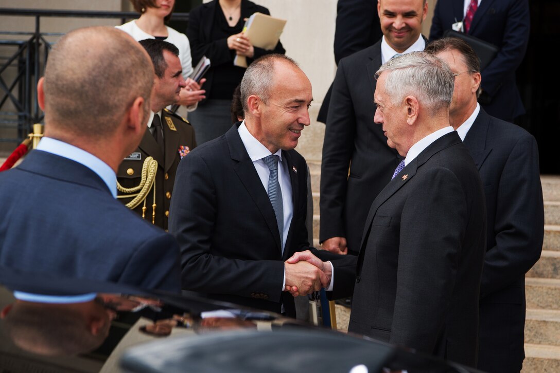 Defense Secretary Jim Mattis greets Croatian Defense Minister Damir Krsticevic before an honor cordon at the Pentagon in Washington, D.C., July 12, 2017. DoD photo by Army Sgt. Amber I. Smith