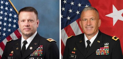 Col. William Boruff (left) will assume command of the U.S. Army Mission and Installation Contracting Command from Brig. Gen. Jeffrey Gabbert (right) in a July 26 ceremony at Joint Base San Antonio-Fort Sam Houston, Texas. 