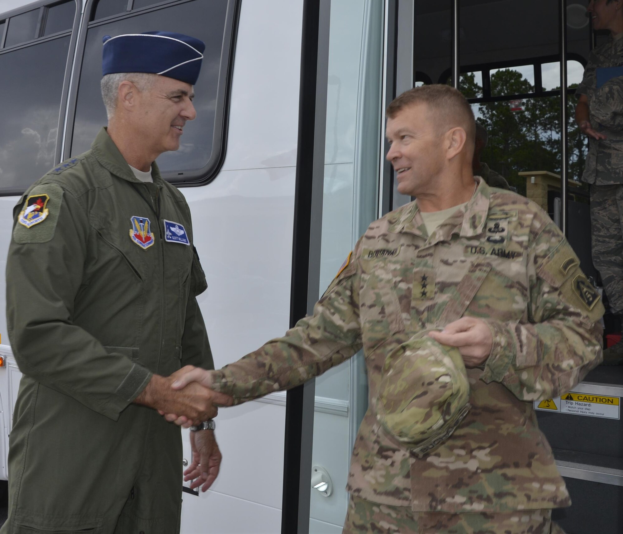 Lt. Gen. R. Scott Williams, Commander, Continental U.S. NORAD Region-1st Air Force (Air Forces Northern), greets Lt. Gen. Jeffrey Buchanan, Commander, U.S. Army North (Fifth Army) during Buchanan’s visit July 11-12. During his visit, he toured the 601st Air Operations Center, the Killey Center for Homeland Operations and discussed current issues regarding their joint roles within the U.S. Northern Command enterprise. (Photo by Mary McHale)