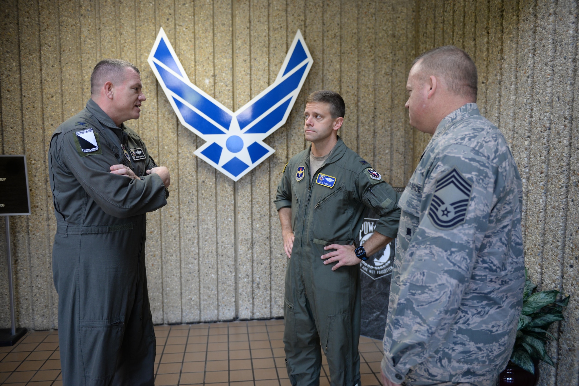 Col. William Denham, 14th Flying Training Wing Vice Commander, meets with Col. Stan Lawrie, 14th Operations Group Commander, and Chief Master Sgt. Bradley Reilly, 14th Operations Group Superintendent, for an immersion on July 11, 2017 at Columbus Air Force Base, Mississippi. Immersions are designed to let new commanders assess the unit and any problems, if any, associated with it. Immersions allow face to face conversation with the new commander.