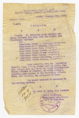 Lieutenant Andrew J. LaBoiteaux completed his training at the School of Bombardment in Aulnat, France in on December 2, 1918, almost three weeks after the signing of the Armistice.  On December 6, he received orders to report for duty with the 96th Aero Squadron.  However, by January 10, the 96th had begun to demobilize and LaBoiteaux returned to the United States in the spring of 1919, never having flown in combat. This is the Special Orders issued on December 6, 1918, assigning Lt. LaBoiteaux to the 96th Aero Squadron.