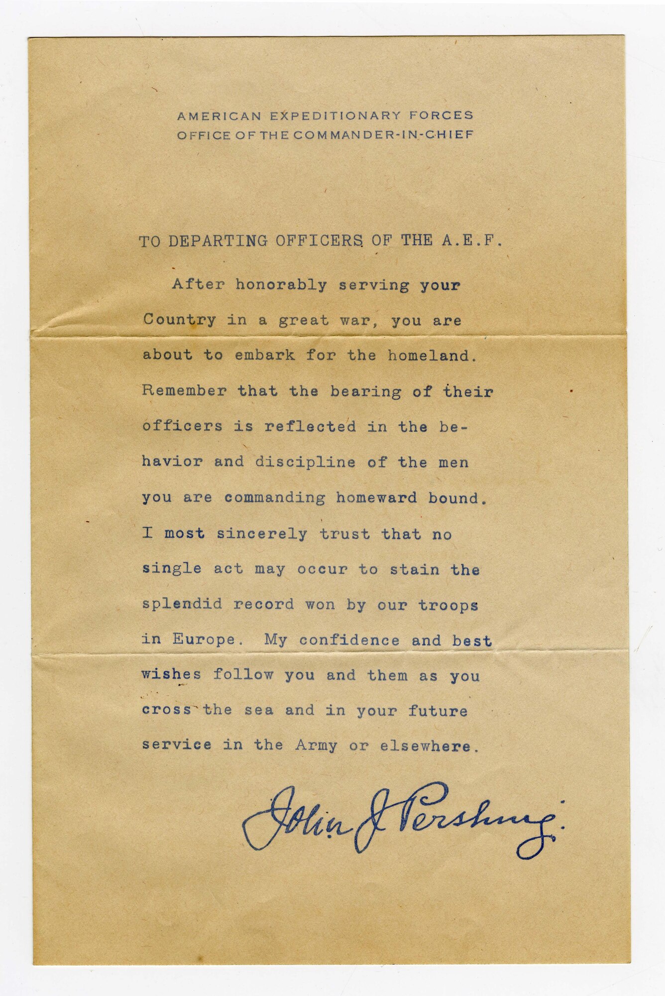 Lieutenant Andrew J. LaBoiteaux completed his training at the School of Bombardment in Aulnat, France in on December 2, 1918, almost three weeks after the signing of the Armistice.  On December 6, he received orders to report for duty with the 96th Aero Squadron.  However, by January 10, the 96th had begun to demobilize and LaBoiteaux returned to the United States in the spring of 1919, never having flown in combat. This is the letter from General John J. Pershing, Commander-in-Chief of the American Expeditionary Forces, issued to all US service members returning home from the Front.  LaBoiteaux pasted the letter into his scrapbook, noting, “From Jack.”