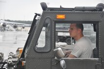 Staff Sgt. Tyler Cross, Air Transportation Journeyman with the 81st Aerial Port Squadron out of Joint Base Charleston, S.C., operates a 60K cargo handler on the ramp at Ramstein AB, Germany, July 12, 2017.  Citizen Airmen of the 128th LRS and 81st APS performed two weeks of annual training at Ramstein in order to maintain readiness and familiarization with high-volume aerial port operations.  (U.S. Air Force photo by 1st Lt. Justin Clark)