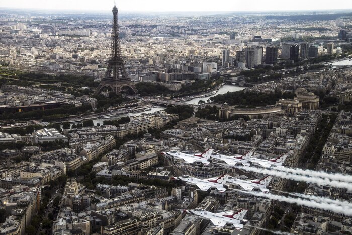 The Thunderbirds, the Air Force’s air demonstration squadron, fly by the Eiffel Tower in Paris, July 11, 2017, during a practice for the upcoming Bastille Day celebration in the city. The Thunderbirds’ F-16s are among than 90 aircraft that will participate in the July 14 festivities. Air Force photo by Tech. Sgt. Christopher Boitz