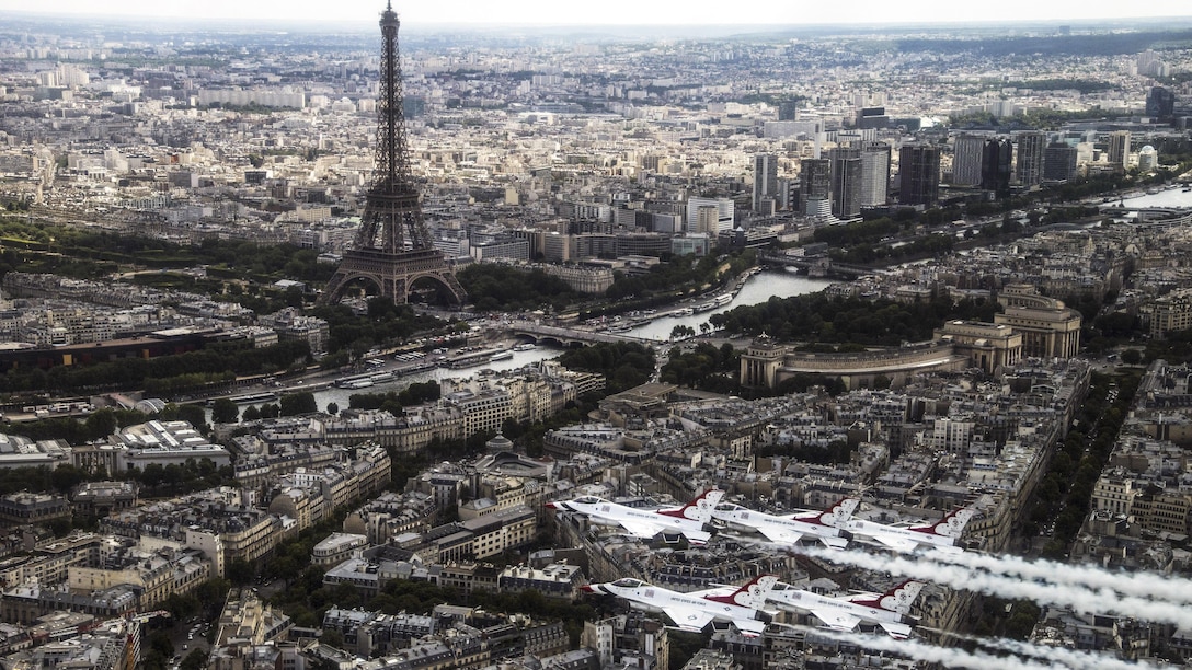 The Thunderbirds, the Air Force’s air demonstration squadron, fly by the Eiffel Tower in Paris, July 11, 2017, during a practice for the upcoming Bastille Day celebration in the city. The Thunderbirds’ F-16s are among than 90 aircraft that will participate in the July 14 festivities. Air Force photo by Tech. Sgt. Christopher Boitz