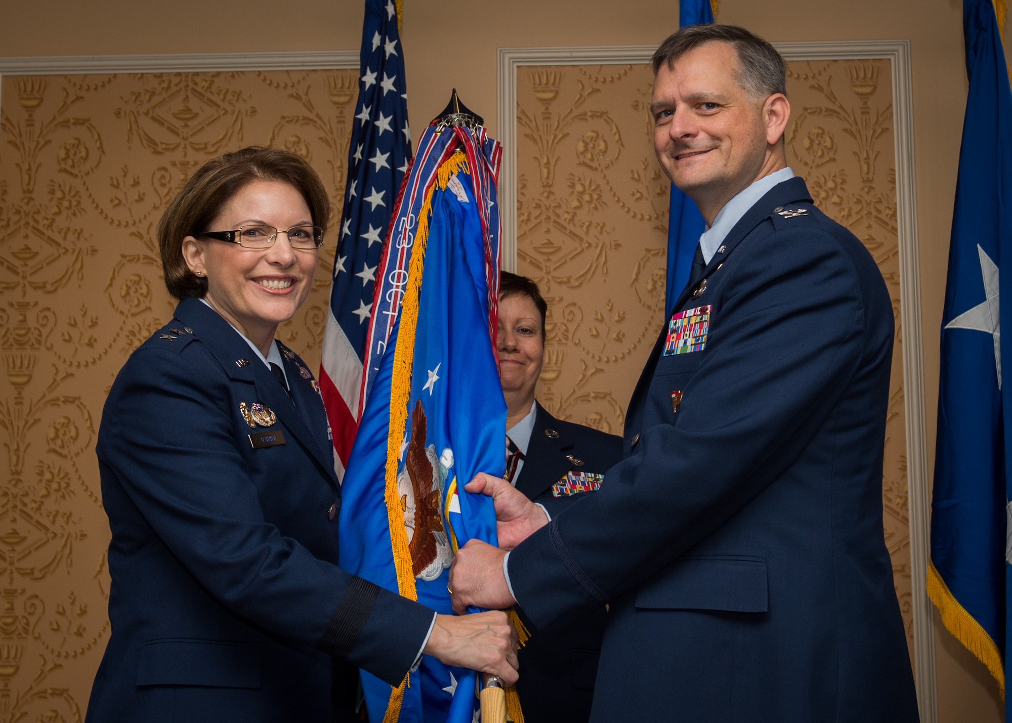 Col. Jonathan C. Rice IV takes command of the 363rd Intelligence, Surveillance and Reconnaissance Wing July 7, 2017. Maj. Gen. Mary F. O’Brien, commander, 25th Air Force, officiated the ceremony at Joint Base Langley-Eustis, Virginia. (U.S. Air Force Photo by Staff Sgt. Areca Bell)