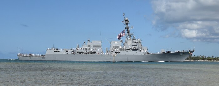 The Navy's newest Arleigh Burke-class guided-missile destroyer, PCU USS John Finn (DDG 113) at Joint Base Pearl Harbor-Hickam in preparation for its commissioning ceremony, July 10, 2017. DDG 113 is named in honor of Lt. John William Finn, who as a chief aviation ordnanceman was the first member of our armed services to earn the Medal of Honor during World War II for heroism during the attack on Pearl Harbor. 