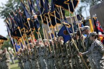 Army Reserve Soldiers present the unit’s battalion colors during the 85th Support Command’s relinquishment of command ceremony held in Arlington Heights, Ill., July 9, 2017. The 85th Support Command, partnered with First Army, is made up of 46 Army Reserve battalions, nine brigade support elements, and nearly 4,300 Soldiers and Civilians spanning the continental United States and Puerto Rico. The units generate combat-ready units and Soldiers for the Army that are trained, equipped and lethal to win the nation’s wars. 
(U.S. Army photo by Master Sgt. Anthony L. Taylor)