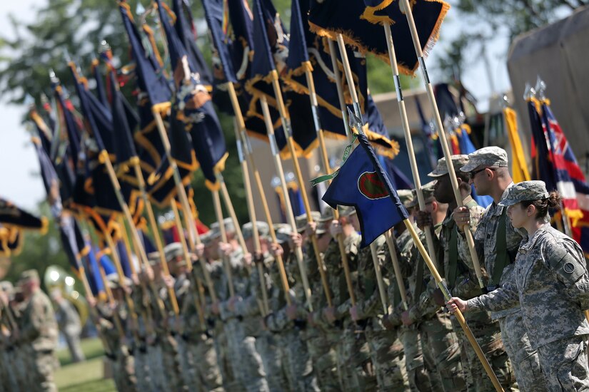 Army Reserve Soldiers present the unit’s battalion colors during the 85th Support Command’s relinquishment of command ceremony held in Arlington Heights, Ill., July 9, 2017. The 85th Support Command, partnered with First Army, is made up of 46 Army Reserve battalions, nine brigade support elements, and nearly 4,300 Soldiers and Civilians spanning the continental United States and Puerto Rico. The units generate combat-ready units and Soldiers for the Army that are trained, equipped and lethal to win the nation’s wars. 
(U.S. Army photo by Master Sgt. Anthony L. Taylor)