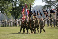 In honor of the 85th Support Command’s centennial anniversary, Army Reserve Soldiers wear World War I-era uniforms to present the colors during the unit’s relinquishment of command ceremony in Arlington Heights, Ill., July 9, 2017. The unit’s lineage dates to August 5, 1917, when it was constituted as the 85th Infantry Division at Camp Custer, Mich., in preparation for World War I. 
(U.S. Army photo by Master Sgt. Anthony L. Taylor)