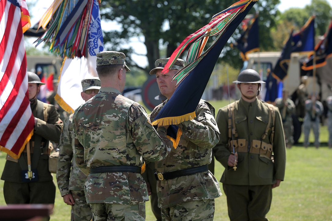 Army Reserve Brig. Gen. Frederick R. Maiocco Jr., right, 85th Support Command commanding general, relinquishes the command colors to Maj. Gen. Tracy A. Thompson, Deputy Commanding General for Support, U.S. Army Reserve, during the command’s relinquishment of command ceremony in Arlington Heights, Ill., July 9, 2017. Maiocco is moving on to serve as the commanding general of the 7th Mission Support Command, which is based in Germany and responsible for all Army Reserve Soldiers in Europe.
(U.S. Army photo by Master Sgt. Anthony L. Taylor)