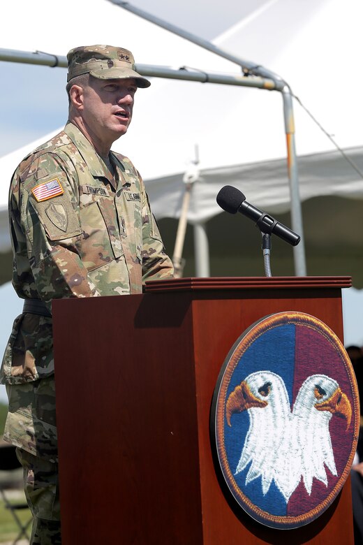 Maj. Gen. Tracy A. Thompson, Deputy Commanding General for Support, U.S. Army Reserve, gives remarks during the 85th Support Command’s relinquishment of command ceremony in Arlington Heights, Ill., July 9, 2017, where Brig. Gen. Frederick R. Maiocco Jr., 85th Support Command commanding general, relinquished the command colors to Thompson. The 85th Support Command, partnered with First Army, is made up of 46 Army Reserve battalions, nine brigade support elements, and nearly 4,300 Soldiers and Civilians spanning the continental United States and Puerto Rico. The units generate combat-ready units and Soldiers for the Army that are trained, equipped and lethal to win the nation’s wars. 
(U.S. Army photo by Master Sgt. Anthony L. Taylor)
