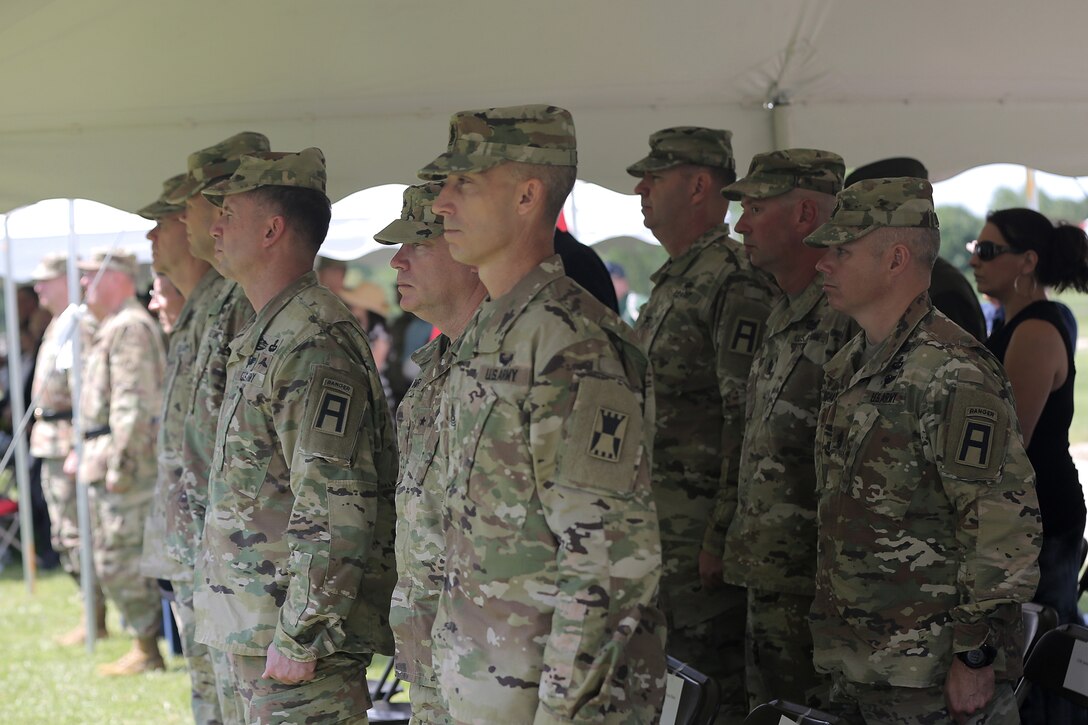 First Army commanders and senior leaders stand amongst guests during the 85th Support Command’s relinquishment of command ceremony, July 9, 2017, at their headquarters in Arlington Heights, Illinois. Brig. Gen. Frederick R. Maiocco, Jr. Commanding General, 85th Support Command, relinquished the command colors to Maj. Gen. Tracy A. Thompson, Deputy Commanding General for Support, U.S. Army Reserve. The 85th Support Command, partnered with First Army, is made up of 46 Army Reserve battalions, nine brigade support elements, and nearly 4,300 Soldiers and Civilians that spanned across the continental United States and Puerto Rico, and generate combat ready units and Soldiers for the Army that are trained, equipped and lethal to win the nation’s wars. 
(U.S. Army photo by Master Sgt. Anthony L. Taylor)