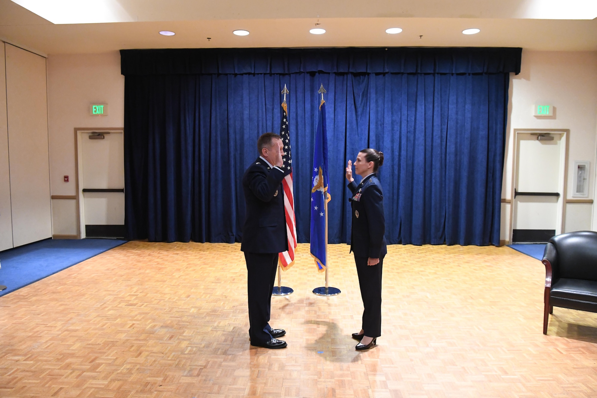 Maj. Gen. Pamela J. Lincoln, Mobilization Assistant to the Commander, 14th Air Force (Air Forces Strategic) and Joint Functional Component Command for Space, is administered the oath of office by Lt. Gen. David J. Buck, 14th AF (AFSTRAT) and JFCC SPACE Commander, during a ceremony marking her promotion to major general July 10, 2017 at Vandenberg Air Force Base, California. (U.S. Air Force photo by Capt. Nicholas Mercurio/Released)