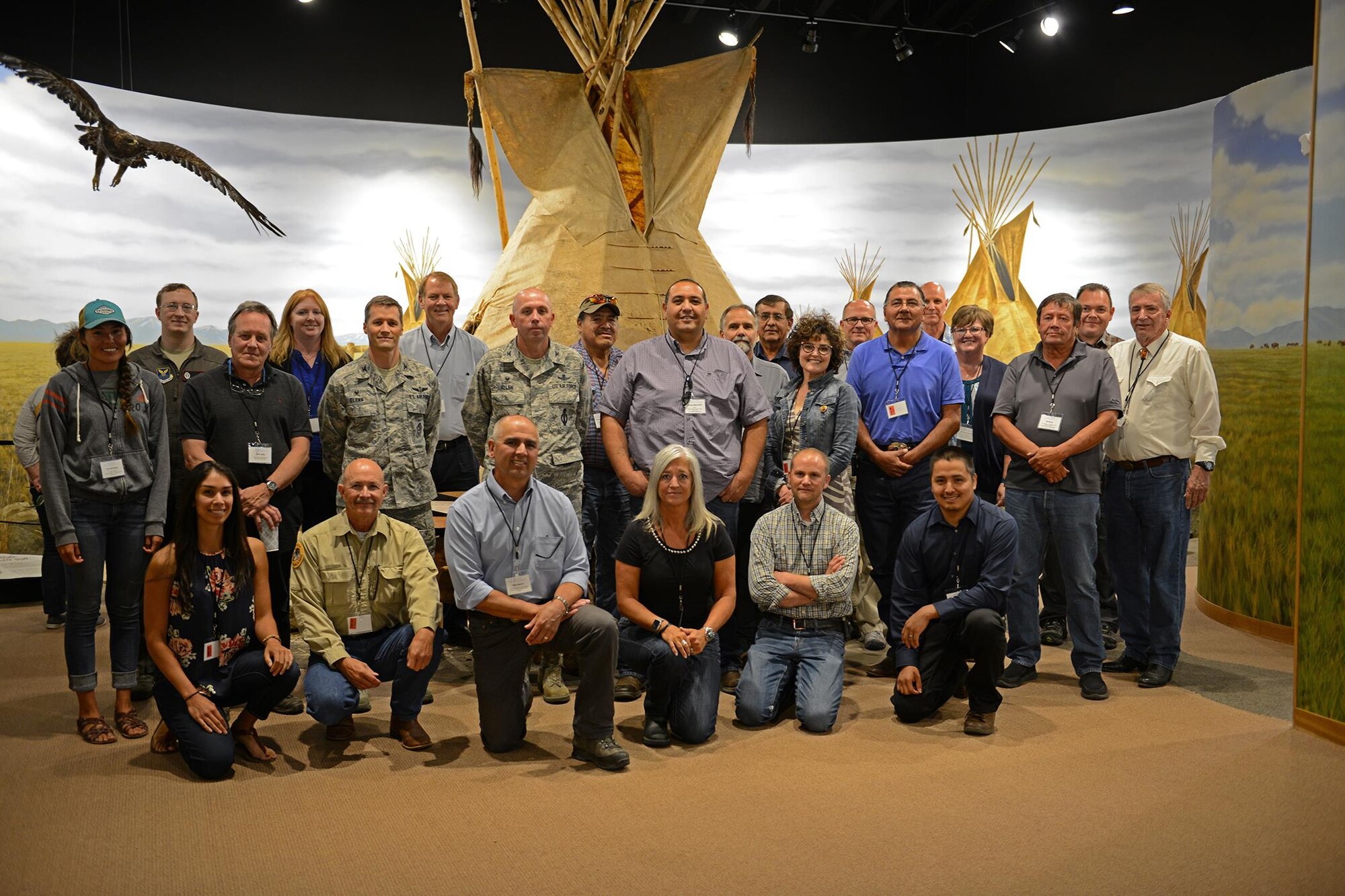 Cols. Ron Allen, 341st Missile Wing commander, and Marcus Glenn, 341st Mission Support Group commander, meet with leaders from the seven Montana tribes July 11, 2017 at First People's Buffalo Jump, Mont. The yearly meeting is held to build on the relationship between the base and the tribes, maintain open communication about future plans and to minimize effects on protected tribal resources. (U.S. photo by Staff Sgt. Delia Martinez)