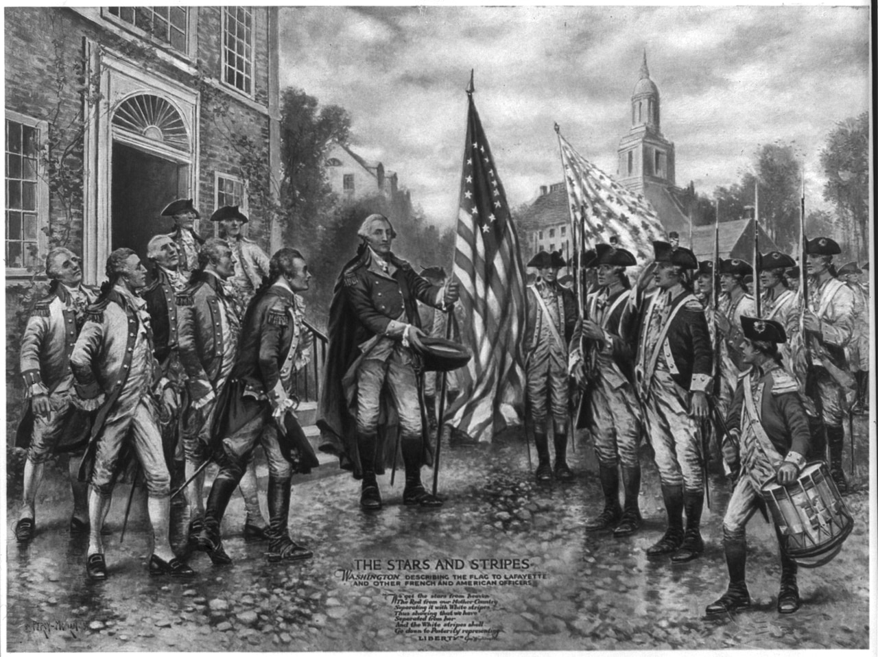 George Washington describes the meaning of the U.S. flag to the Marquis de Lafayette and other French and American officers in a painting produced circa 1918 by E. Percy Moran. Library of Congress photo
