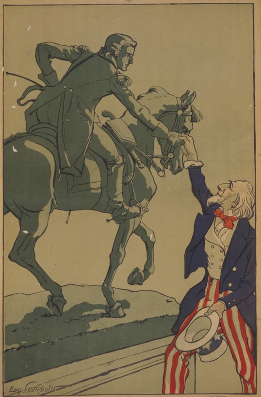 Uncle Sam shakes hands with the Marquis de Lafayette in this 1917 French poster produced around the time the United States entered WWI. Library of Congress photo